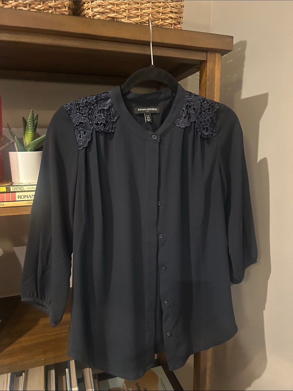 Banana Republic Dark Navy Button-Down Blouse with Lace Shoulders